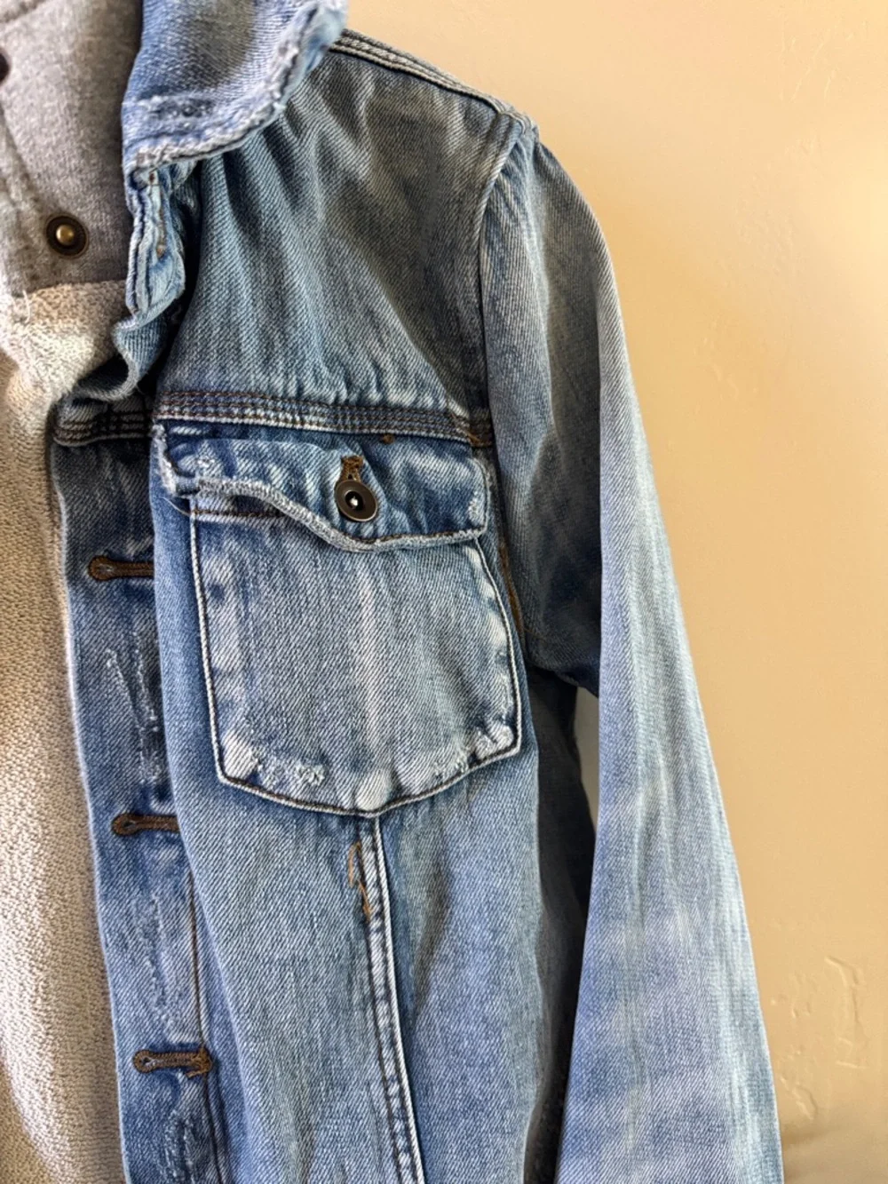 Free People Light Blue Distressed Denim Jacket with Heather Gray Hoodie - Picture 5 of 14